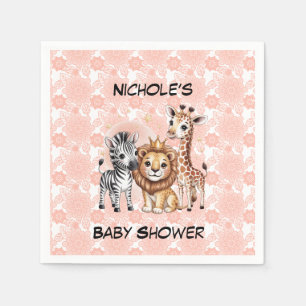 Cute Safari Animals Pink Florals Girl Baby Shower Napkins