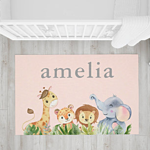 Cute Safari Animals Pink Nursery Rug