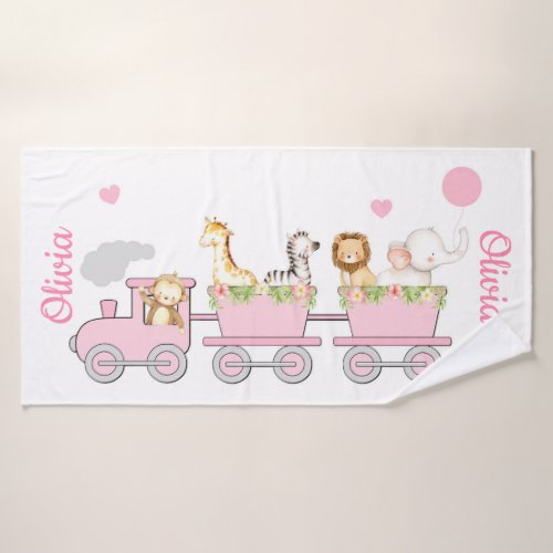 Cute Safari Animals Pink Train Baby Girl Name Bath Towel