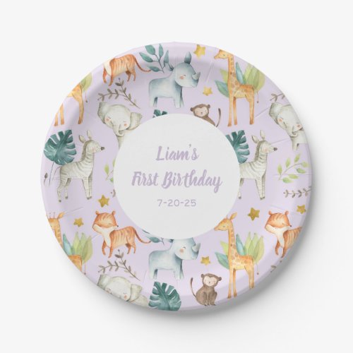 Cute safari animals purple girl 1st birthday paper plates