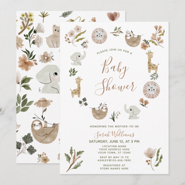 Cute Safari Animals Script Boho Baby Shower Invitation (Front/Back)