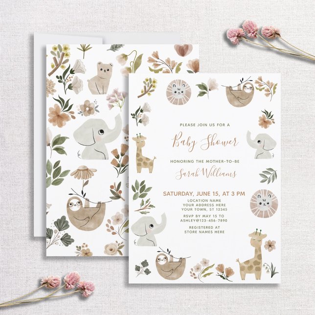 Cute Safari Animals Script Brown Boho Baby Shower Invitation (Creator Uploaded)