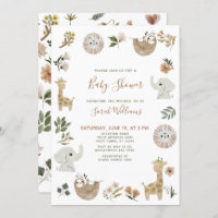 Cute Safari Animals Script Brown Boho Baby Shower Invitation