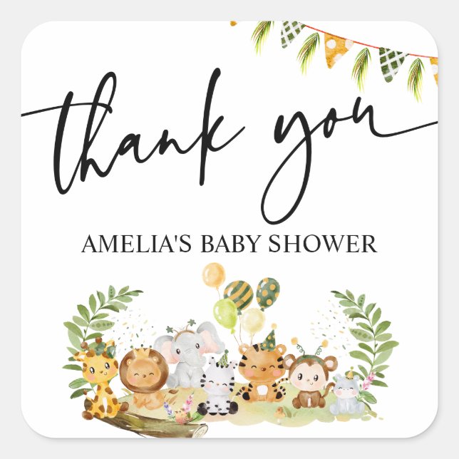 Cute Safari Animals Thank You Party Favors  Square Sticker (Front)