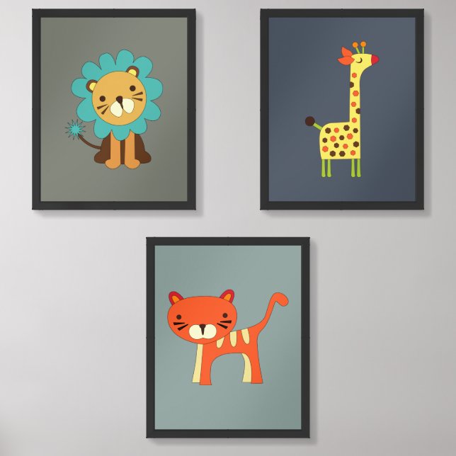 Cute Safari Animals Wall Art, Baby Nursery Wall Art Sets (Front)