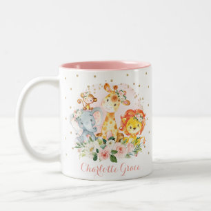 Cute Safari Animals Watercolor Blush Pink Floral Two-Tone Coffee Mug
