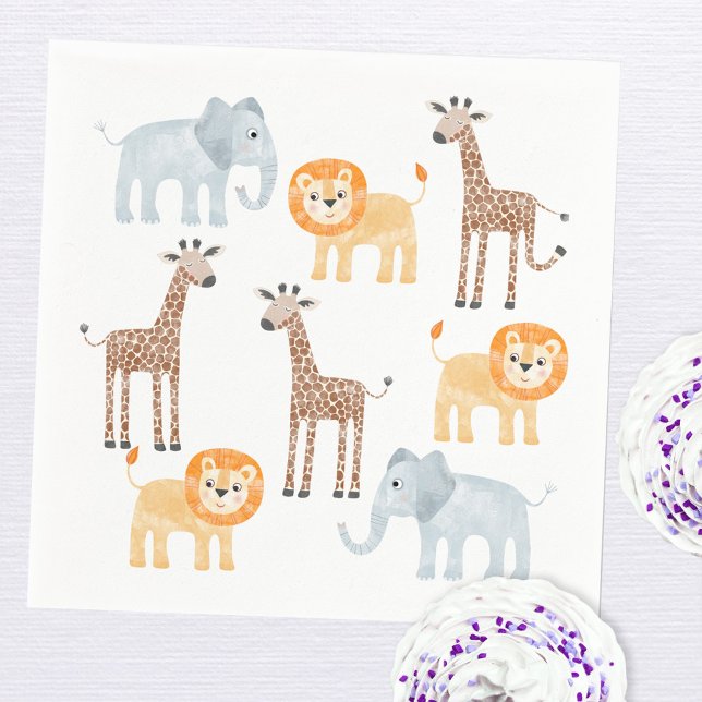 Cute Safari Animals Watercolor Pattern Napkins (Cute watercolor safari animal pattern paper party napkins)