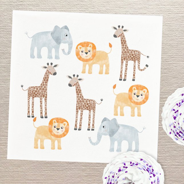 Cute Safari Animals Watercolor Pattern Napkins (Fun safari animal baby elephant giraffe and lion watercolor party paper napkins)