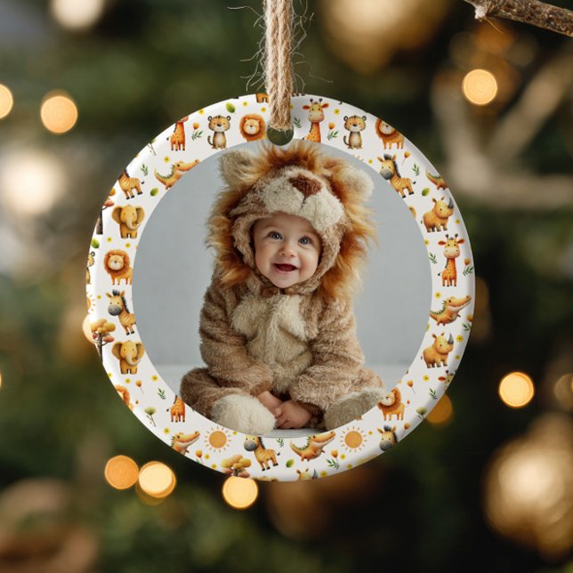 Cute Safari Animals WILD ONE 1st Birthday Photo Ceramic Ornament (Creator Uploaded)