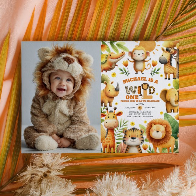Cute Safari Animals WILD ONE 1st Birthday Photo  Invitation (Creator Uploaded)