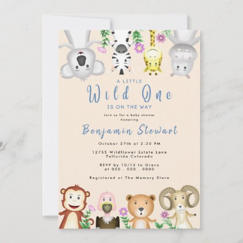 Cute Safari Animals Wild One Boy Baby Shower Invitation