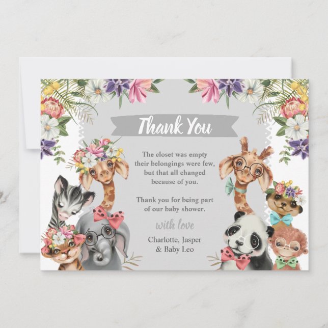 Cute Safari Animals Wild One Boy Baby Shower Thank You Card (Front)