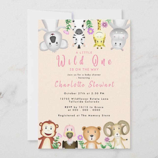 Cute Safari Animals Wild One Girl Baby Shower Invitation (Front)