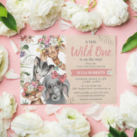 Cute Safari Animals Wild One Girl Baby Shower Invitation