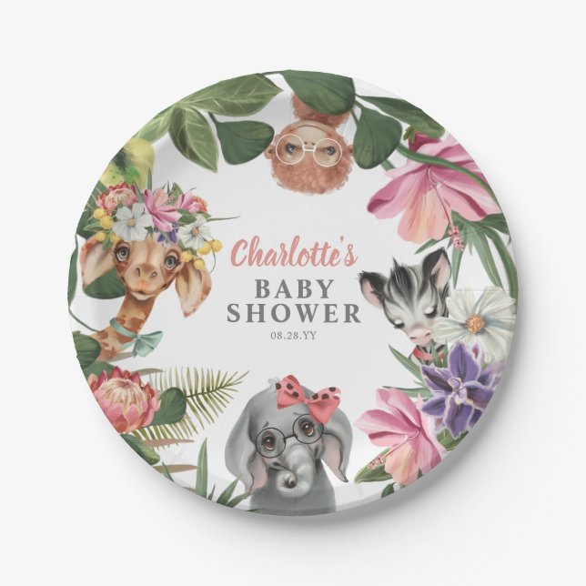 Cute Safari Animals Wild One Girl Baby Shower  Paper Plates (Front)