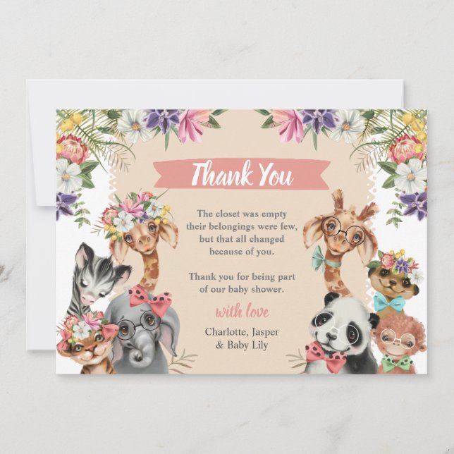 Cute Safari Animals Wild One Girl Baby Shower Thank You Card (Front)