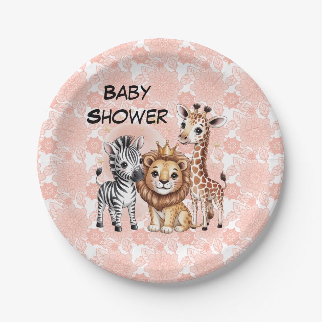 Cute Safari Animals With Pink Florals Paper Plates (Front)