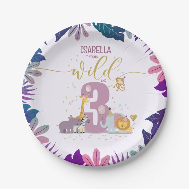 Cute Safari Animals Young Wild & 3 Girl Birthday Paper Plates (Front)