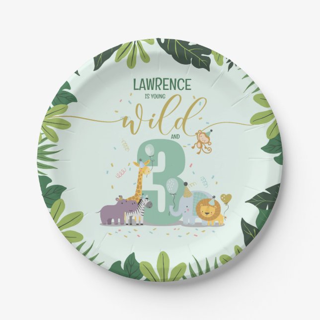 Cute Safari Animals Young Wild & Three Birthday Paper Plates (Front)