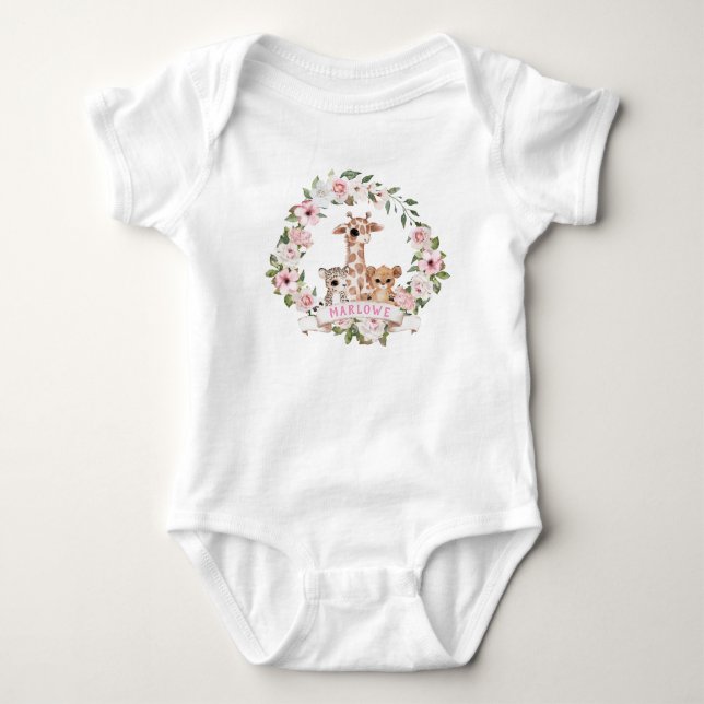Cute Safari Baby Animals Pink Rose Floral Baby Bodysuit (Front)