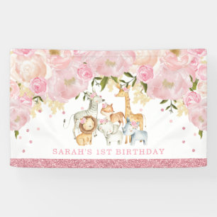 Cute Safari Baby Animals Rose Gold Blush Floral Banner