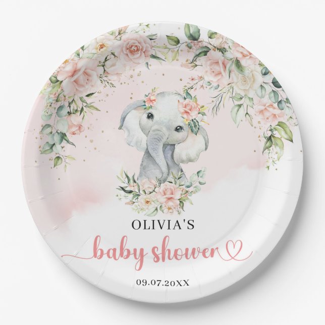 Cute safari baby elephant eucalyptus blush gold paper plates (Front)