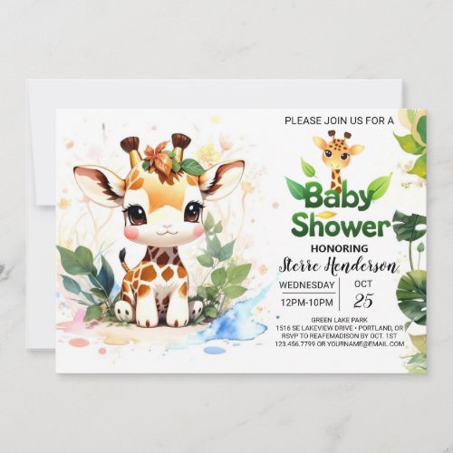 Cute Safari Baby Giraffe Baby Shower Invitation