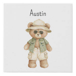 Cute Safari Bear Hat Green Top Animal Faux Canvas Print