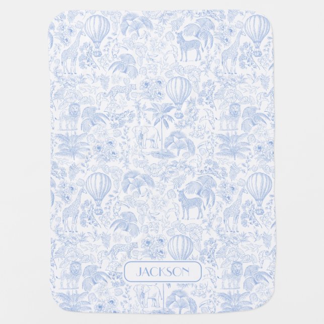 Cute Safari Blue Toile de Jouy Name Baby Blanket (Front)