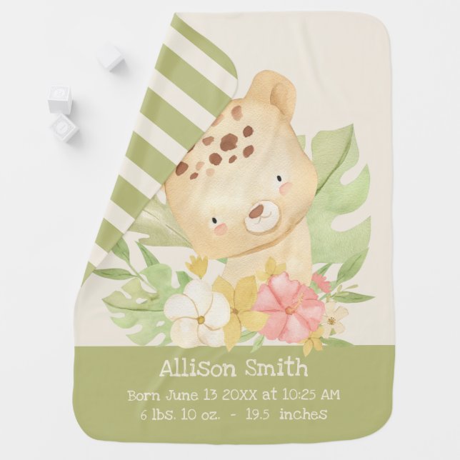 Cute Safari Cheetah Green Stripes Birth Stats Baby Blanket (In Situ)