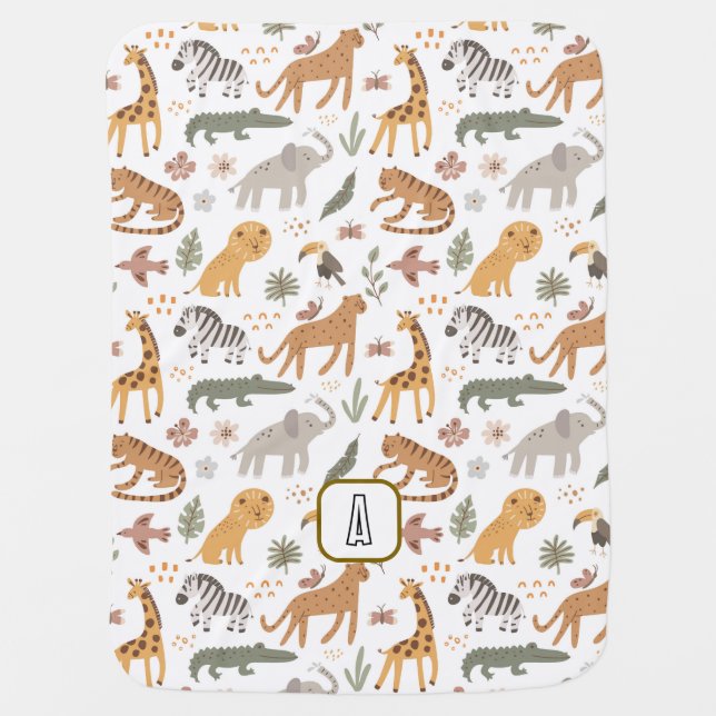 Cute Safari Earthy Tan Animal Monogram Baby Blanket (Front)