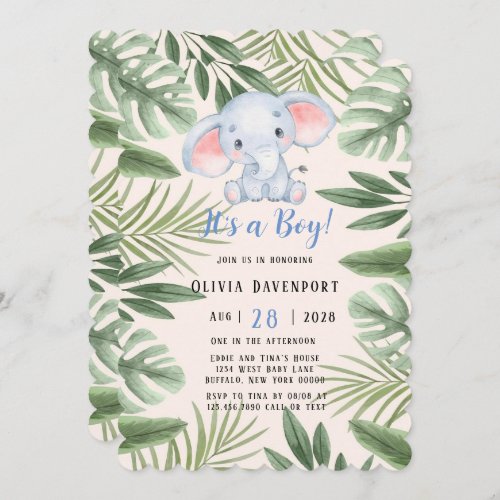 Cute Safari Elephant Boy Baby Shower Invitation