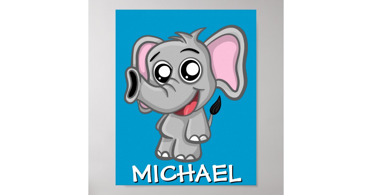 Cute Safari Elephant Cartoon Jungle Name Blue Poster Zazzle