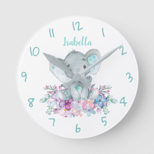 Cute Safari Elephant Floral Watercolor Round Clock