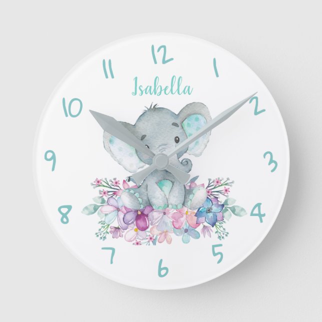 Cute Safari Elephant Floral Watercolor Round Clock (Front)