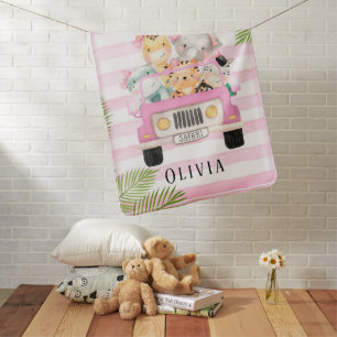 Cute Safari Elephant & Friends Girl Custom Baby Blanket