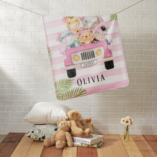 Cute Safari Elephant & Friends Girl Custom Baby Blanket (In Situ)