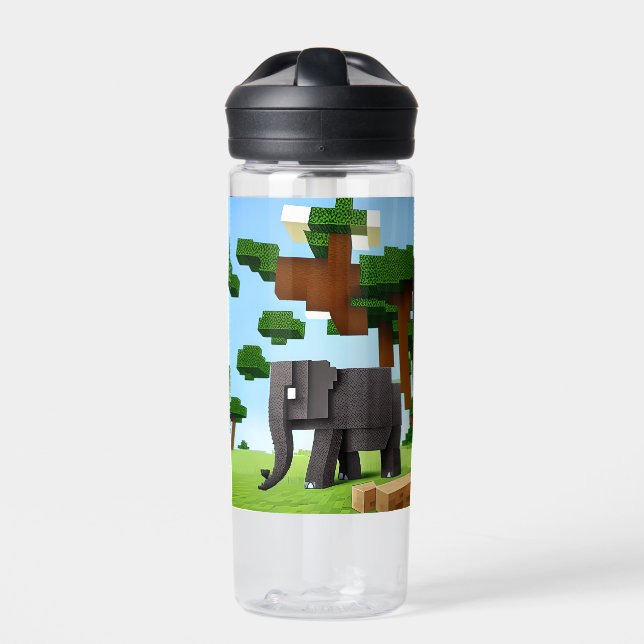 Cute Safari Elephant Pixel Art Water Bottle (Front)