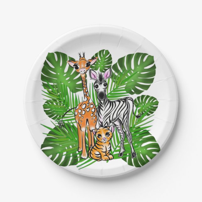 Cute Safari friends, giraffe, zebra, tiger Paper Plates (Front)