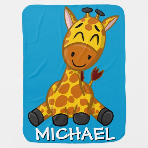 Cute Safari Giraffe Blue Cartoon Jungle Name Boy Baby Blanket