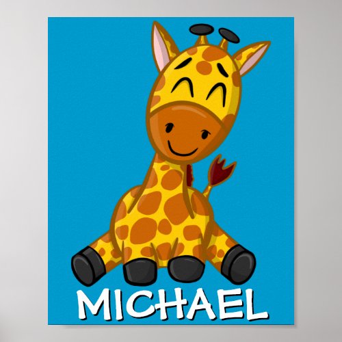 Cute Safari Giraffe Cartoon Jungle Name Blue Zoo Poster