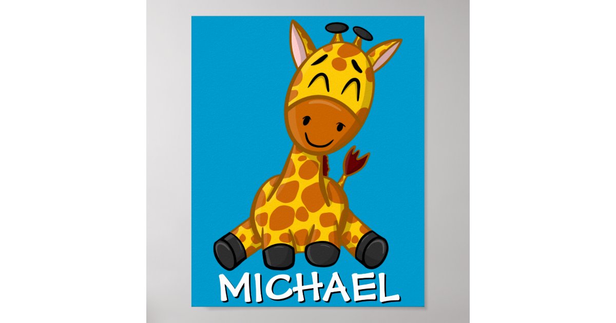 Cute Safari Giraffe Cartoon Jungle Name Blue Zoo Poster Zazzle