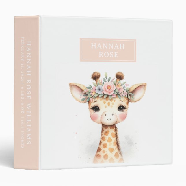 Cute Safari Giraffe Floral Baby Photo Album 3 Ring Binder (Front/Spine)