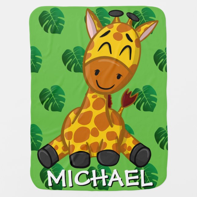 Cute Safari Giraffe Green Cartoon Jungle Name Baby Blanket (Front)
