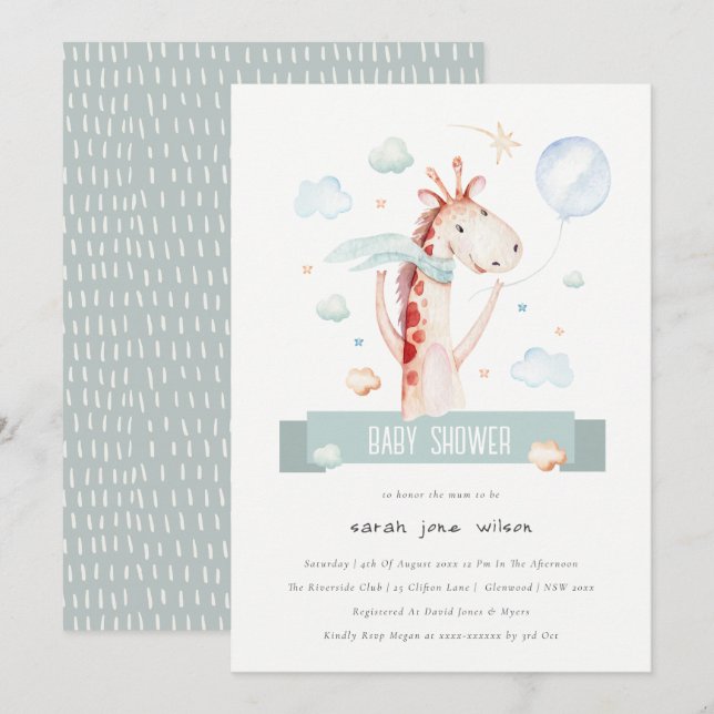 Cute Safari Giraffe Star Cloud Balloon Baby Shower Invitation (Front/Back)