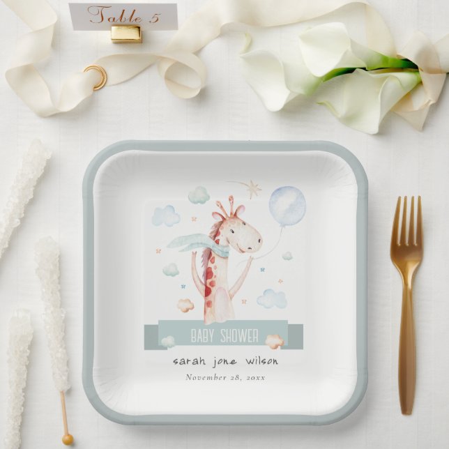 Cute Safari Giraffe Star Cloud Balloon Baby Shower Paper Plates (Wedding)