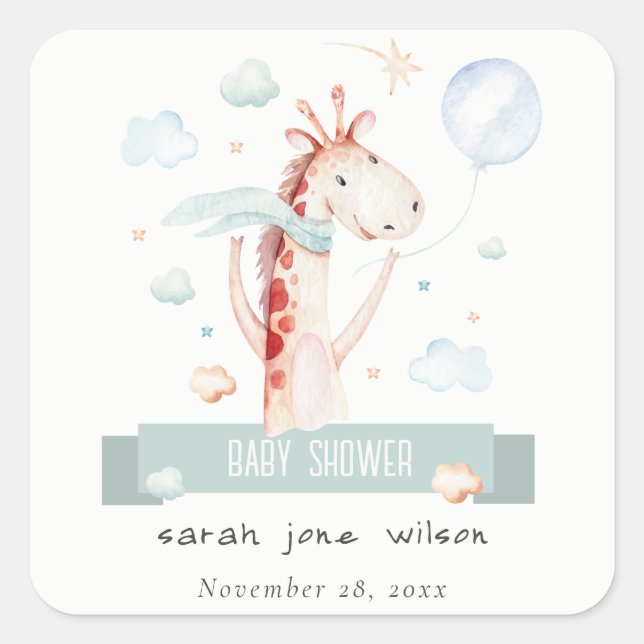 Cute Safari Giraffe Star Cloud Balloon Baby Shower Square Sticker (Front)