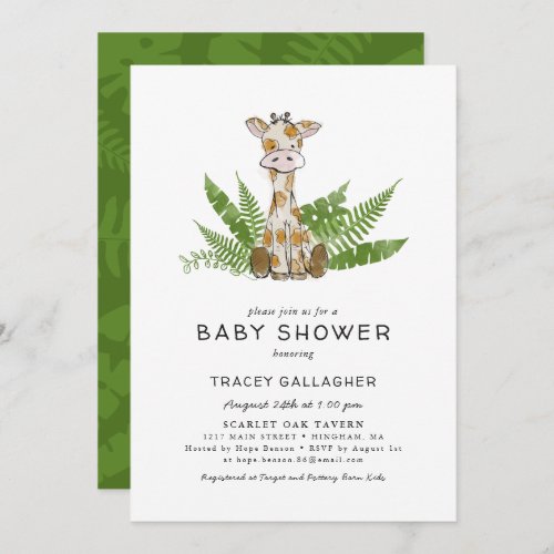 Cute Safari Giraffe with Jungle Leaves Baby Shower Invitation