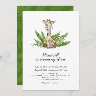 Cute Safari Giraffe with Jungle Leaves Birthday Invitation
