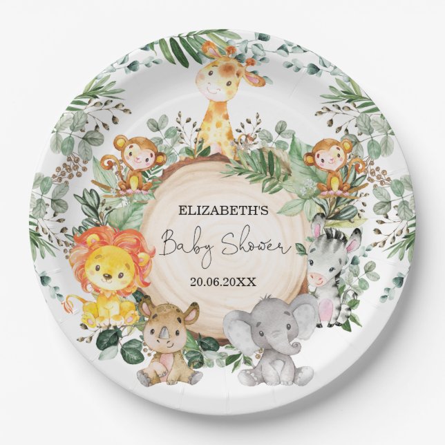 Cute Safari Greenery Jungle Baby Animals Shower Paper Plates (Front)